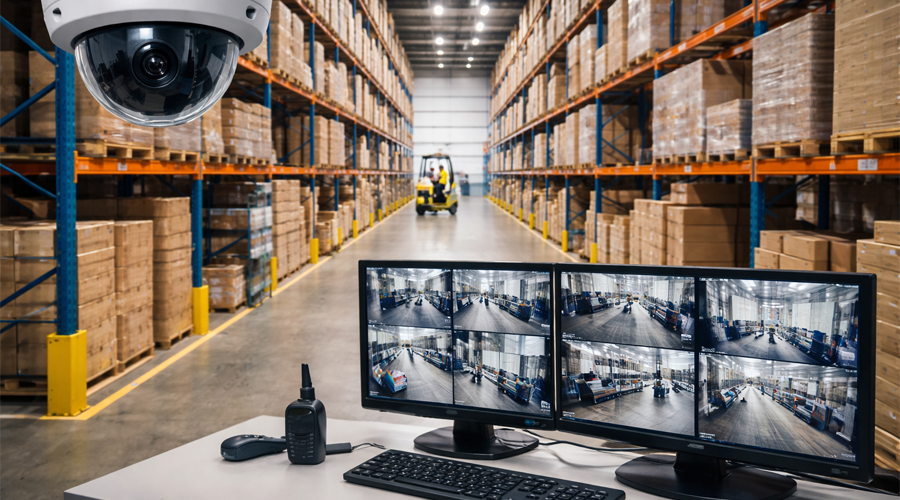 Warehouse security solution with CCTV and monitoring screens